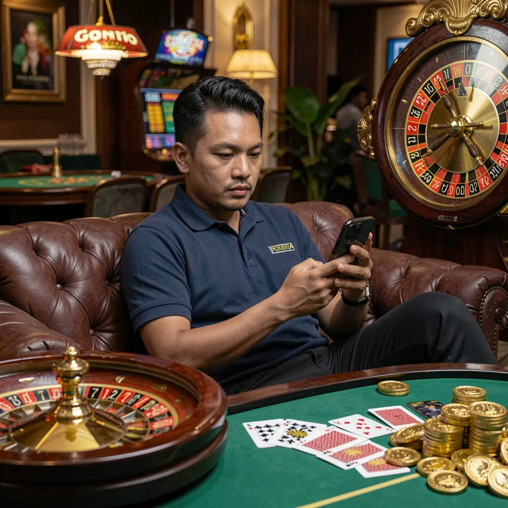 Stylish Malaysian player using the PANTAS33 casino app on his phone with floating roulette wheels playing cards and gold coins