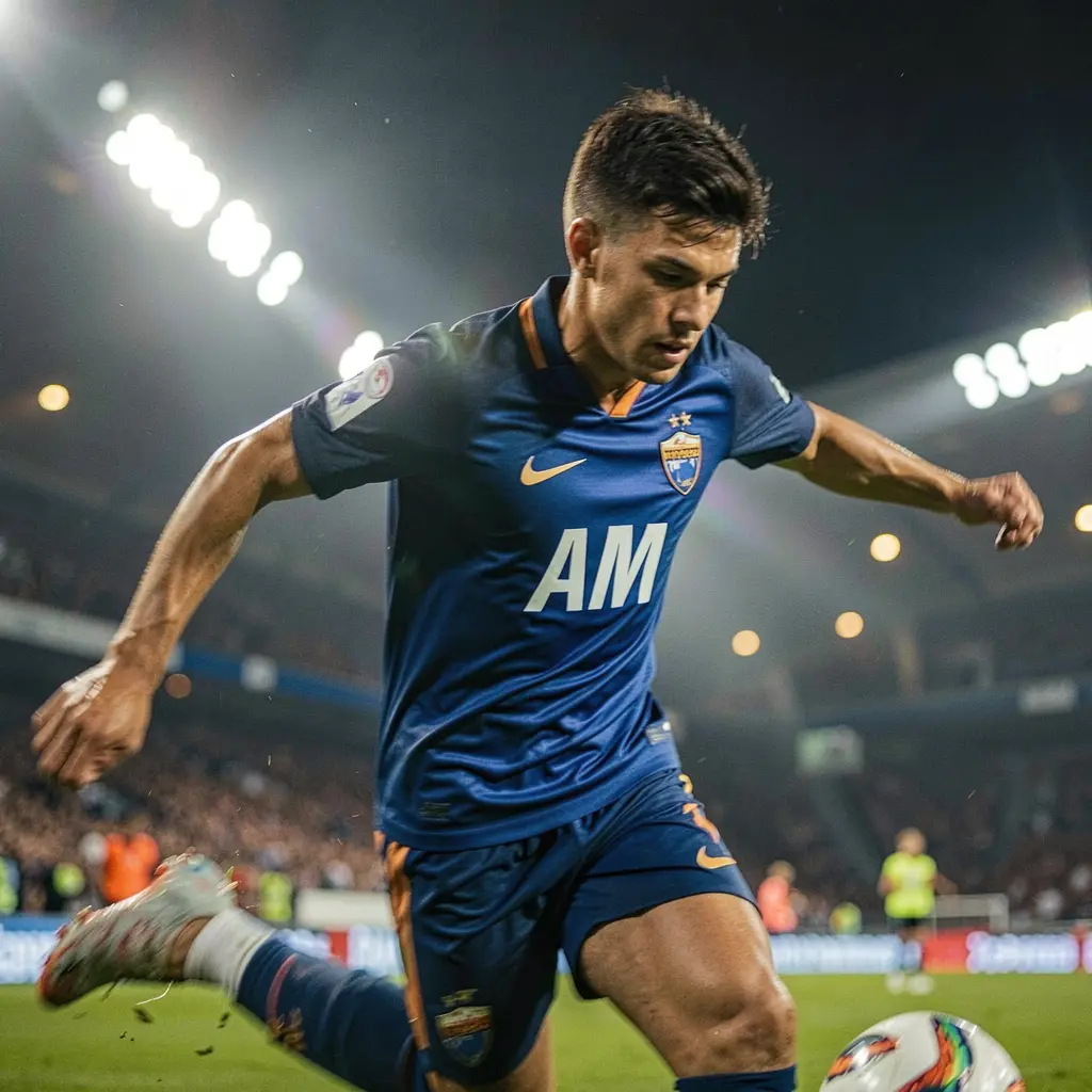 Dynamic scene of a soccer player sprinting with the ball under bright stadium lights highlighting fast paced football betting action on PANTAS33 in Malaysia